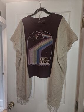 Upcycled Mix And Match Pink Floyd Burgundy Graphic Tee with Cream Kimono